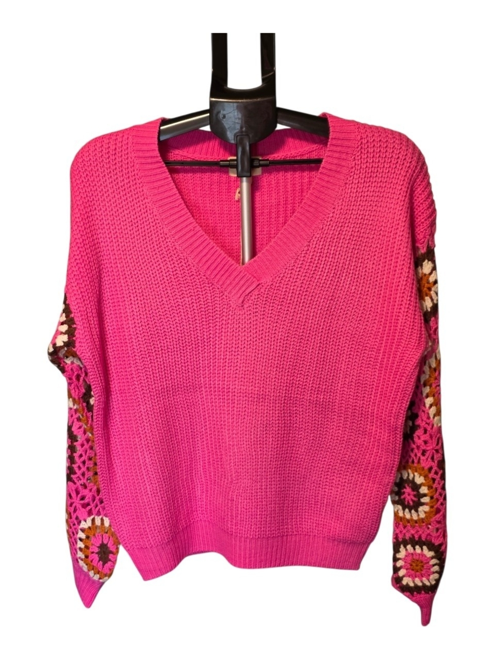 BiBi Hot Pink V-Neck Sweater with Multicolor Crochet Sleeves